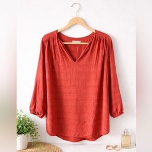 Pleione XL Rust Red Boho Blouse | Flowy 3/4 Sleeve V-Neck Peasant Top